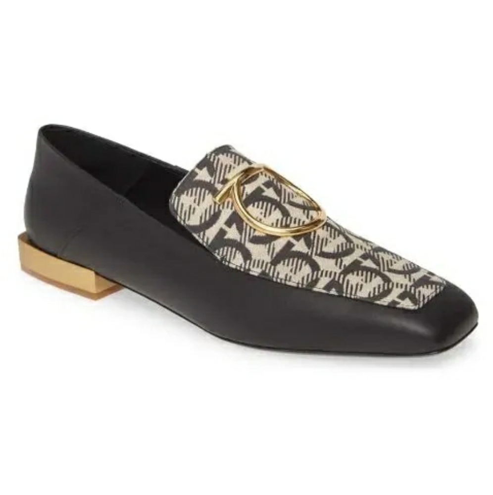 Salvatore Ferragamo Black Leather & Cream Logo Jacquard Loafers with Gold Buckle